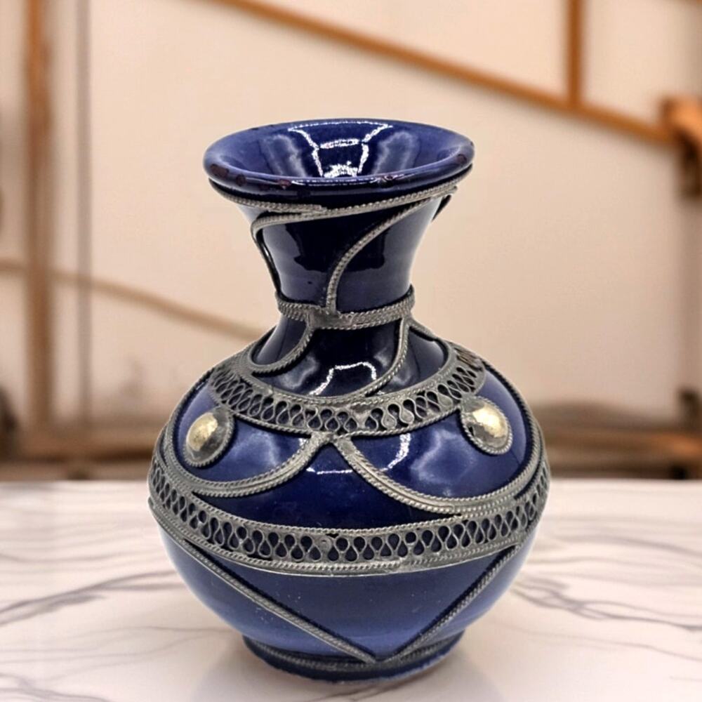 Moroccan Cobalt Blue Ceramic Vase Silver Filigree Metal Overlay Vintage Pottery